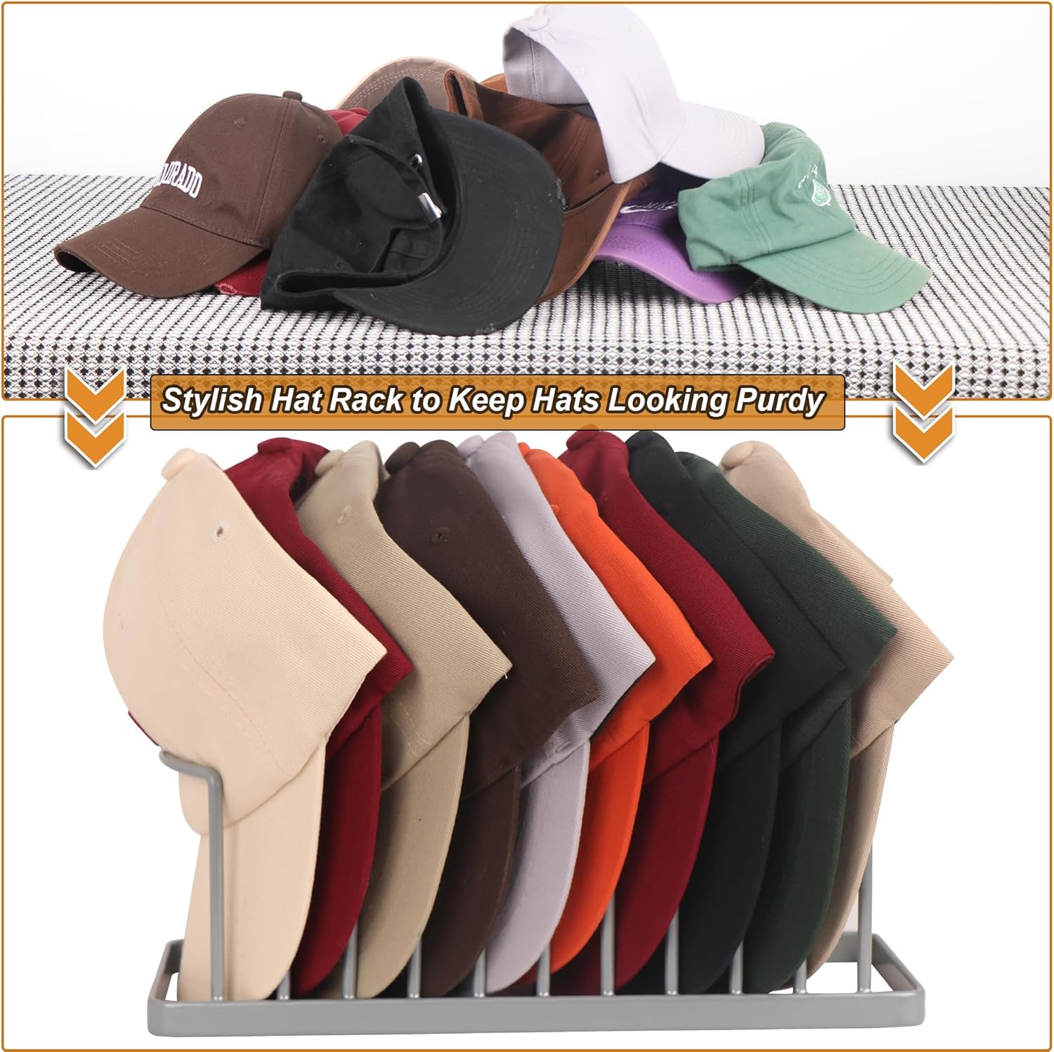 Hat Organizer for Baseball Caps - 2 Pack Space Saving Hat Stand Hold 20 Caps - Premium Metal Hat Rack for Baseball Caps Display & Organizer - No Install Hat Holder for Closet (Grey)