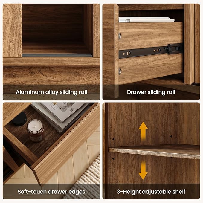 70'' Wide TV Stand for TVs Up to 75'', Wood Entertainment Center with Sliding Doors and Drawers, Television Console Storage Cabinet with Adjustable Shelves for Living Room, Bedroom, Walnut
