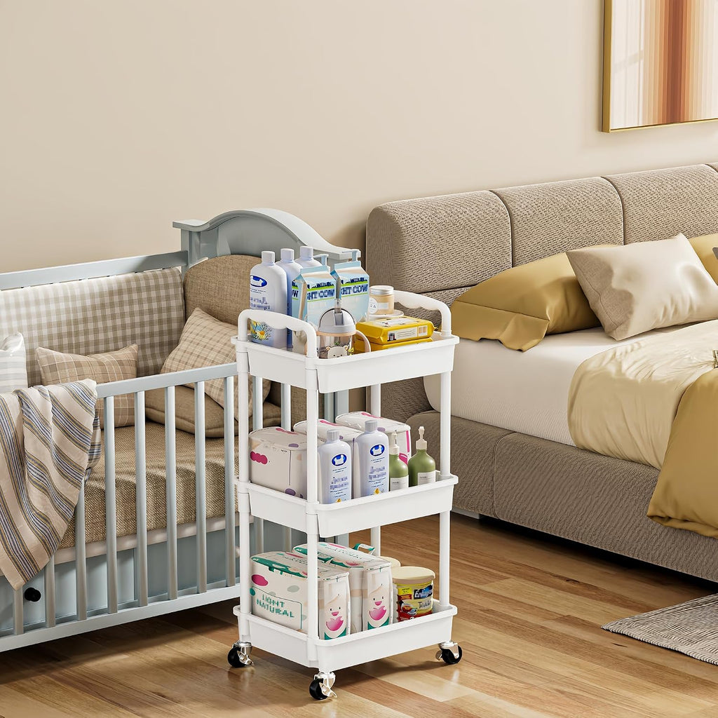 SUNALLY 3-Tier Rolling Cart with 2 Lockable Wheels, Multifunctional Storage Organizer for Bathroom, Kitchen, Office, Craft, Makeup, Baby Essentials, White