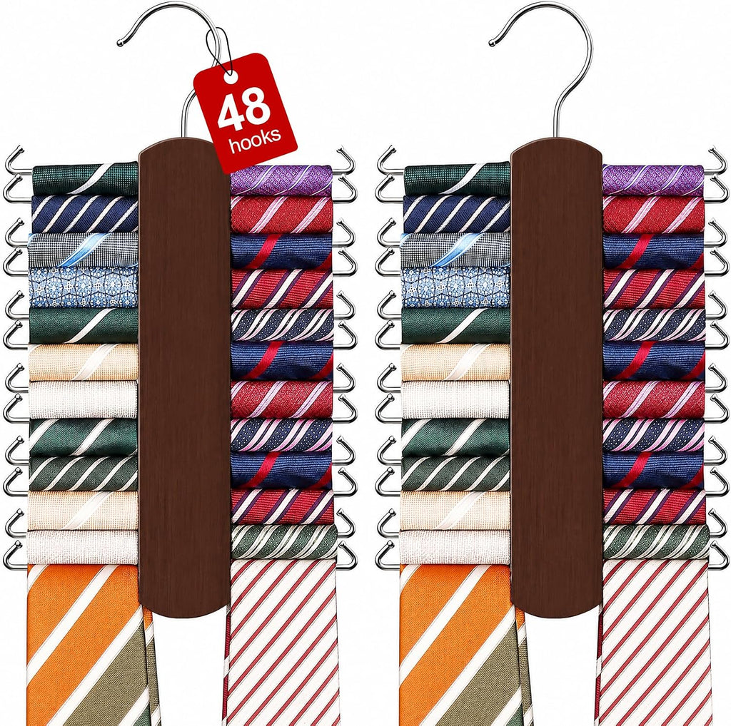 Tie Rack with 48 Hooks, Large Capacity Tie Hanger for Closet Organizers and Storage,Space Saving Wooden Necktie Hanger Ties Organizer for Men - 2 Pack