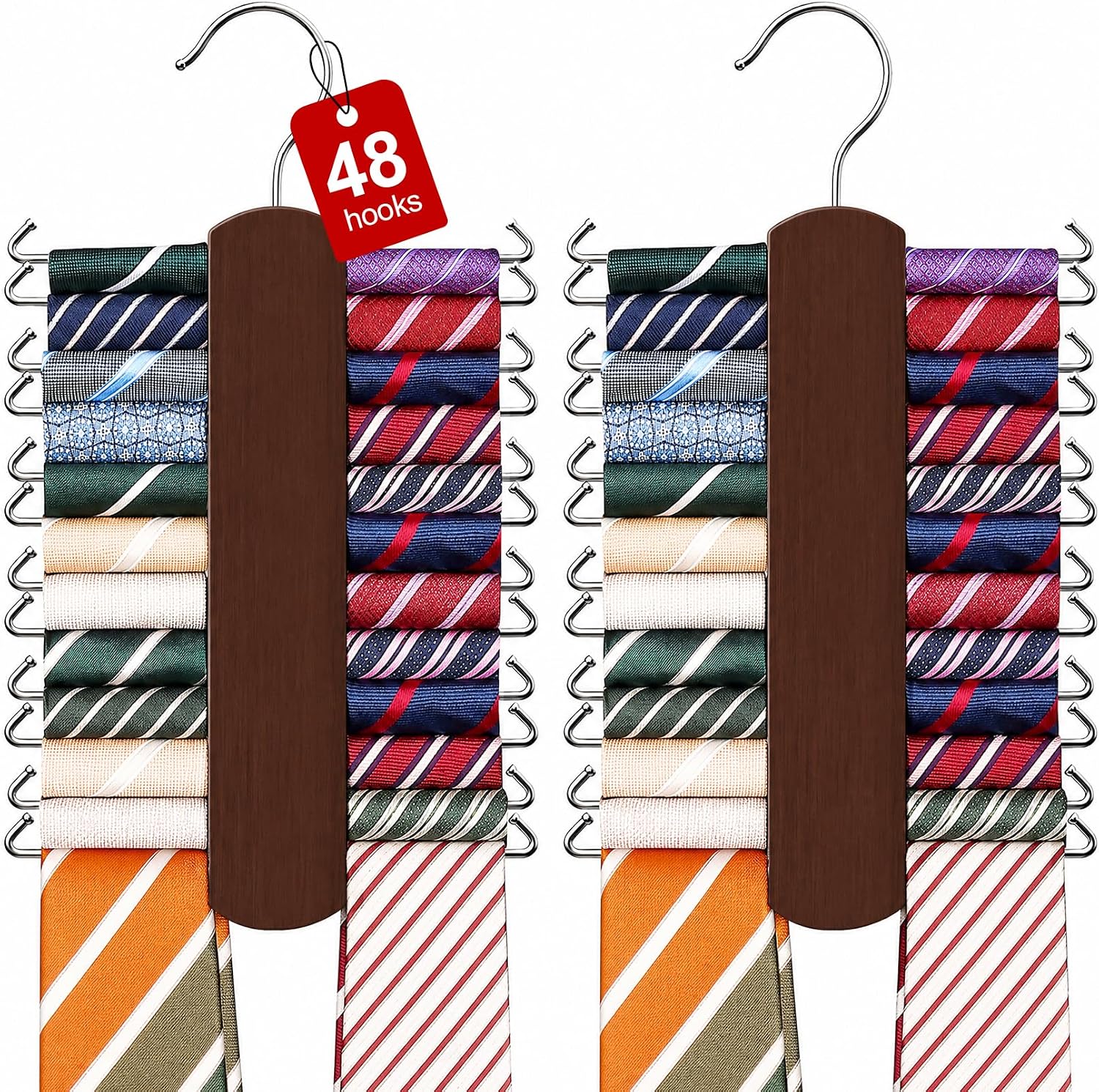 Tie Rack with 48 Hooks, Large Capacity Tie Hanger for Closet Organizers and Storage,Space Saving Wooden Necktie Hanger Ties Organizer for Men - 2 Pack