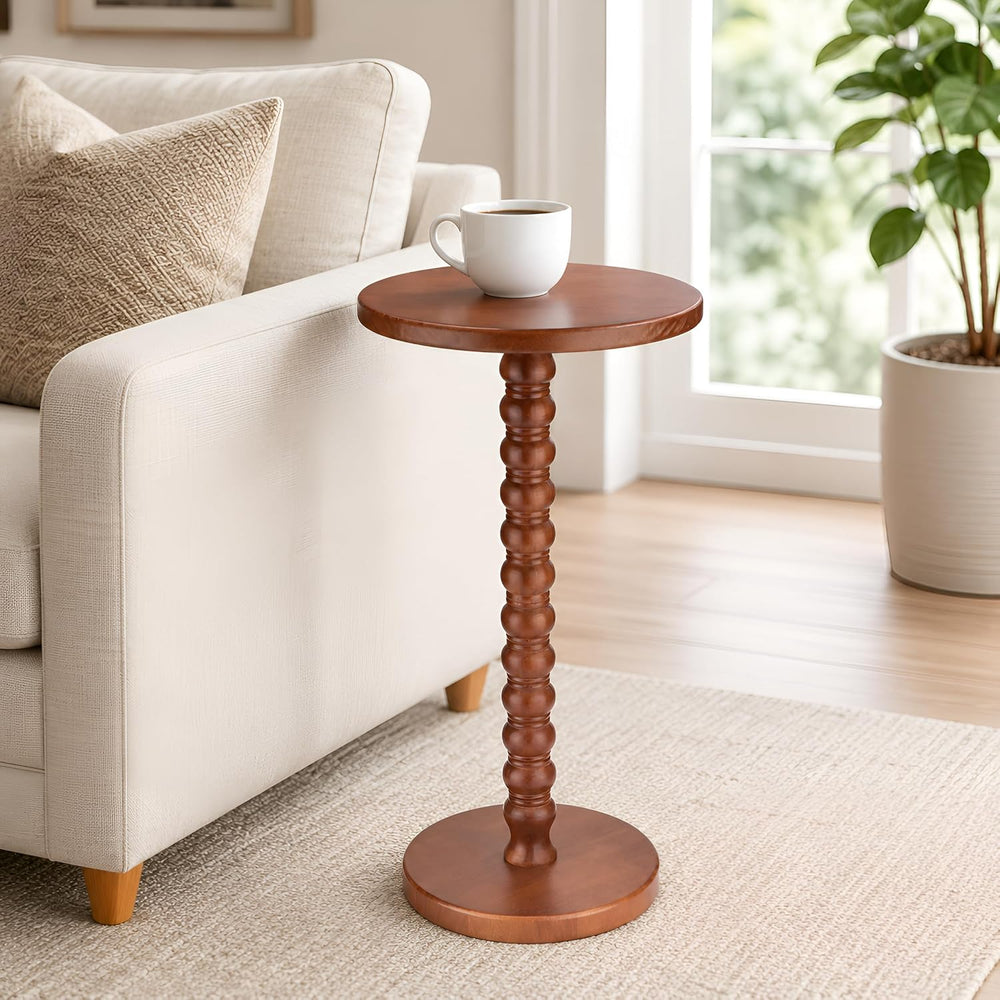 Solid Wood Round Side Table, Rustic Pedestal Drink Table for Small Spaces, Ac...