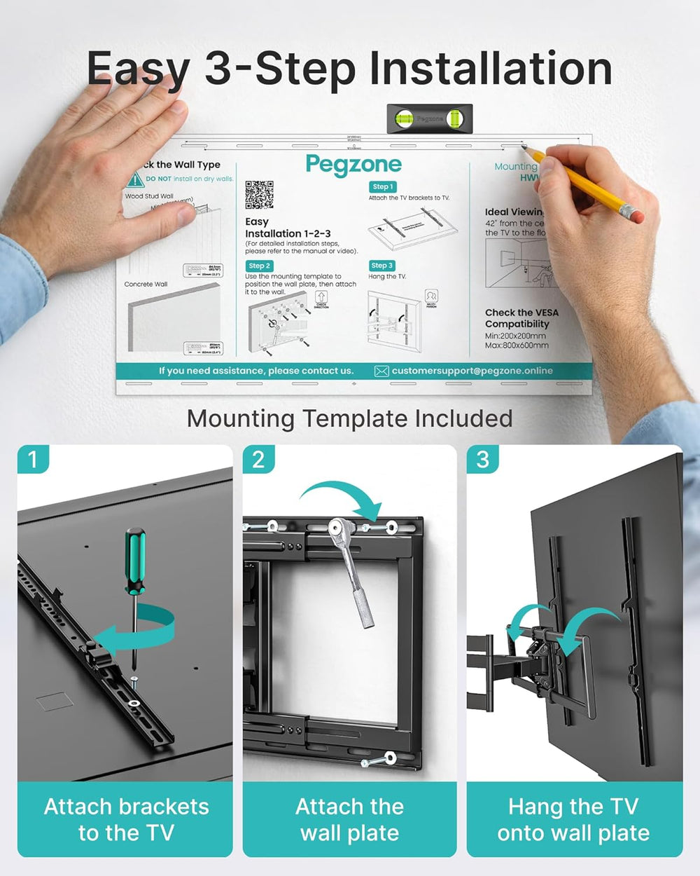 Pegzone Full Motion TV Wall Mount for 43-100 Inch TVs up to 176lbs, 25.2&quot...