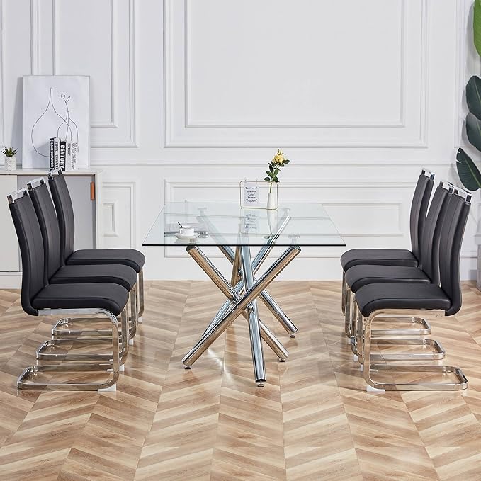 AZmac Modern Leather Dining Chairs Set of 6,Armless Kitchen Chairs,Dining Room Chairs with Upholstered Padded Seat and Sturdy Chrome Legs for Dining Room,Kitchen (Set of 6, Black+PU Leather)