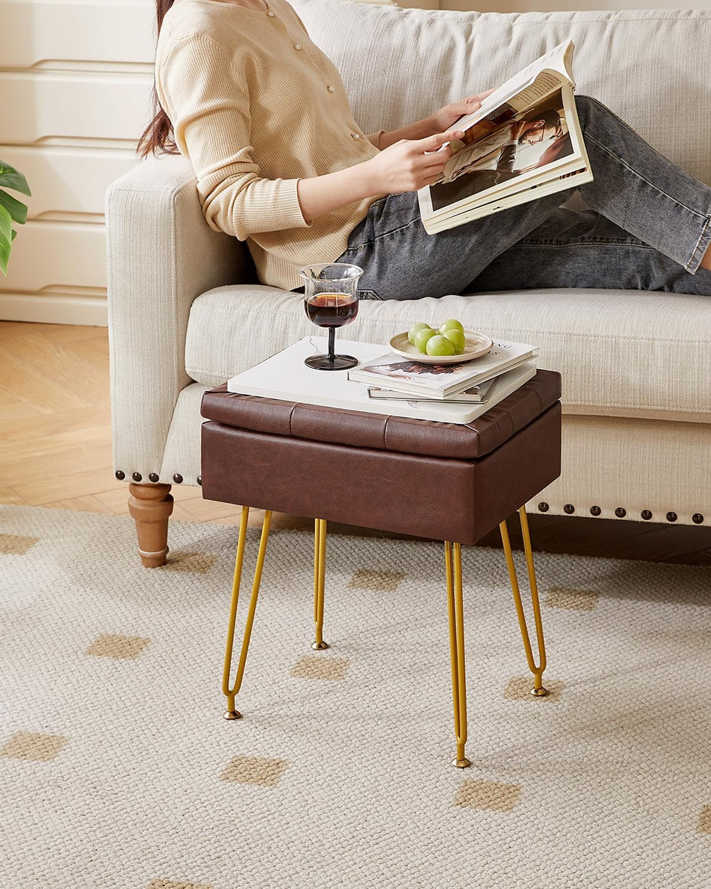 IBUYKE PU Storage Vanity Stool with Flip Tabletop, Ottoman, Brown WBD014Z | M...