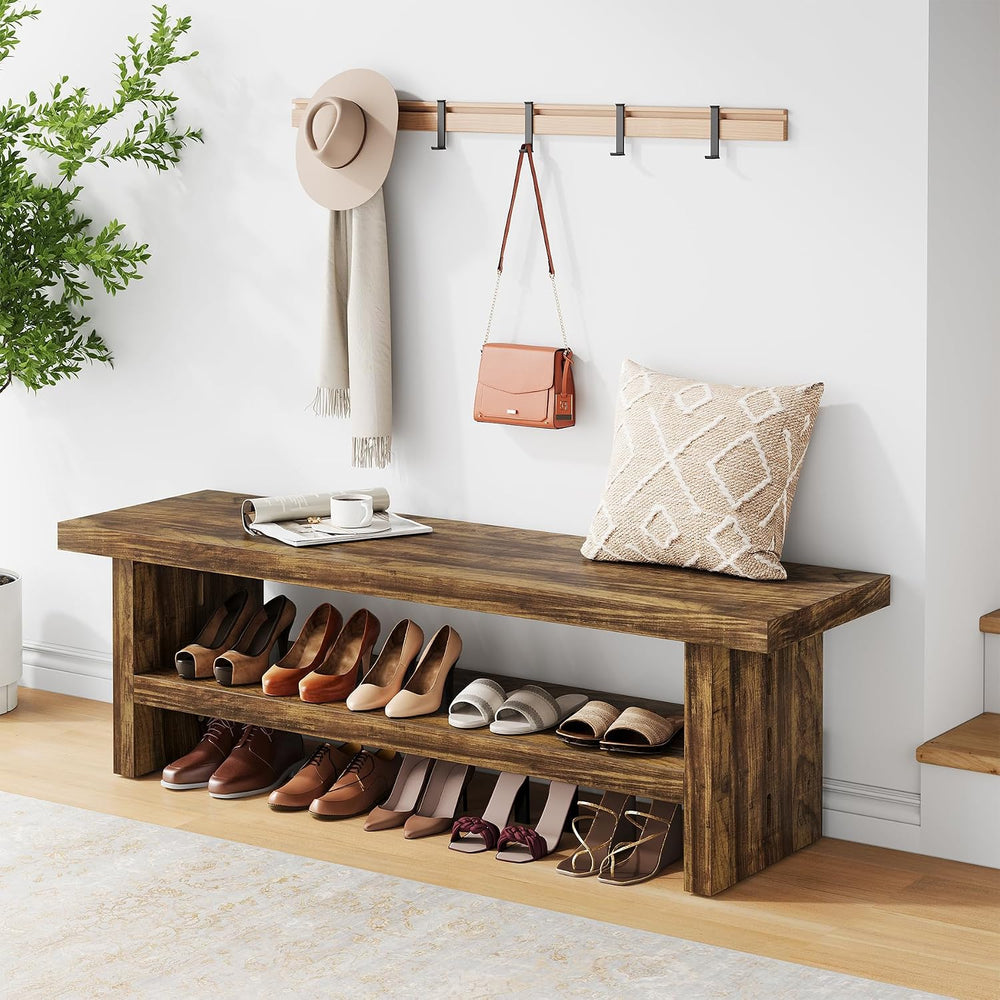 2 Tier Entryway Bench, 47.24" Shoe Bench, Rustic Shoe Rack, Wooden Stora...