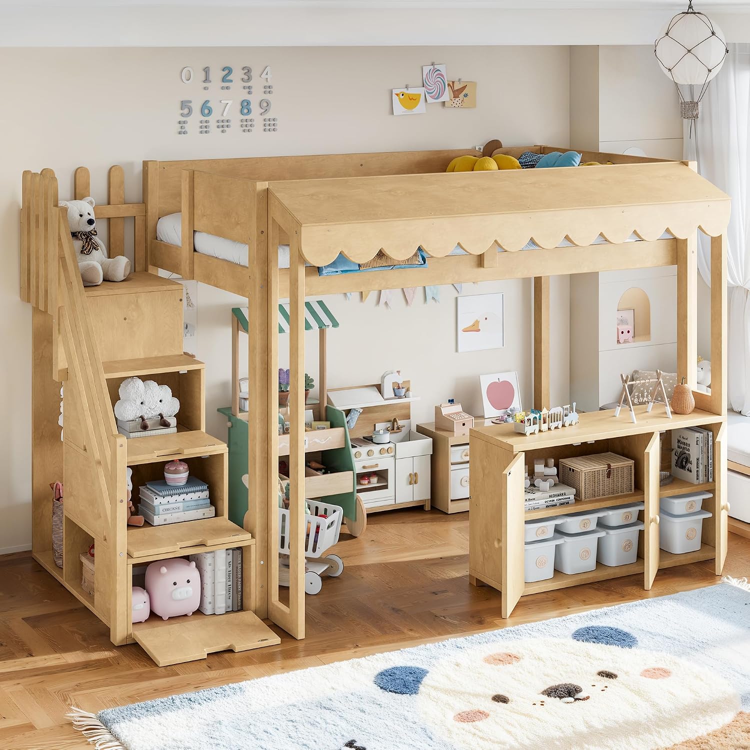 Twin Size Wood Loft Bed with Storage Stairs and Pretend Store Counter (Twin)