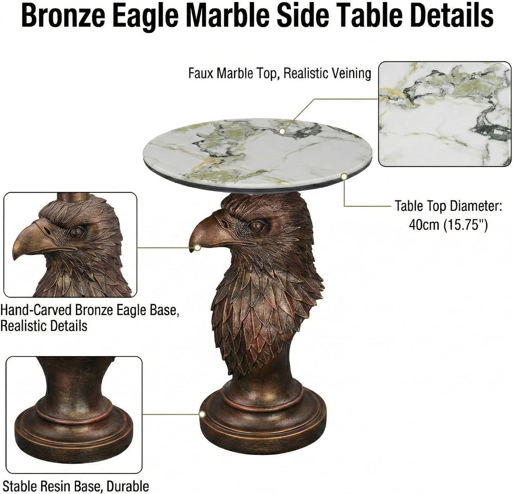 Eagle Head Accent Side Table - End Table with Faux Marble Top Unique Eagle St...