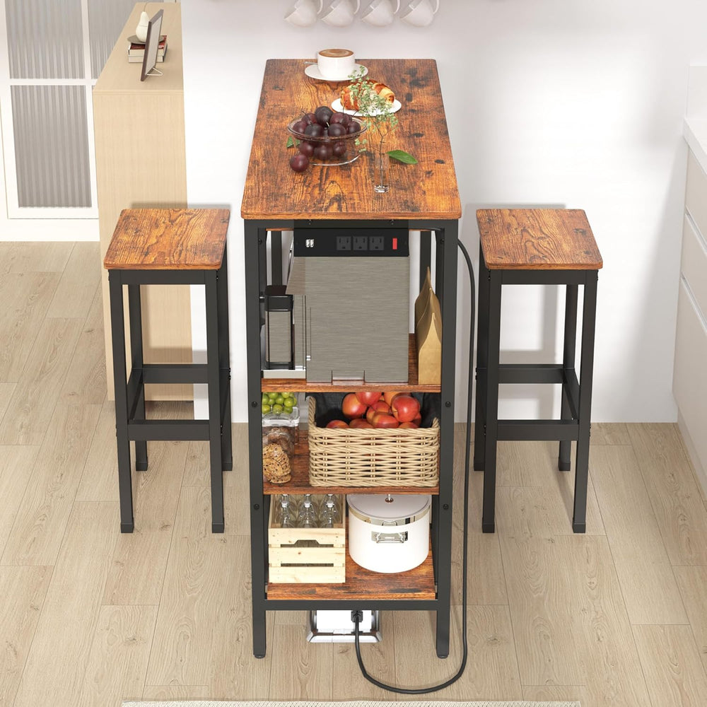 3-Piece Bar Table and Chairs Set,Counter Height Bar Table Set with Power Outl...