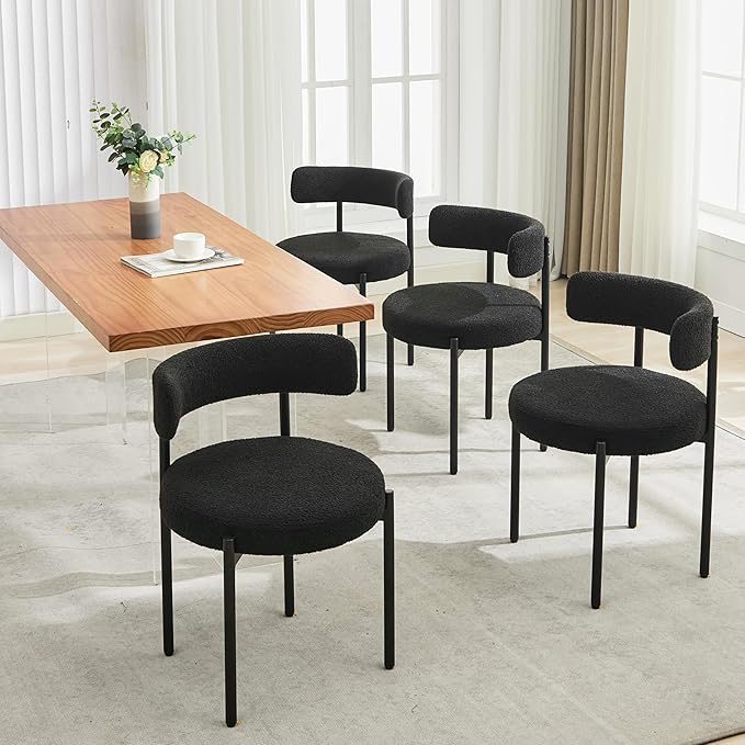 Boucle Dining Chairs Set of 4, Mid Century Modern Dining Room Chairs with Barrel Backrest, Upholstered Black Kitchen Chairs for Dining Room, Restaurant