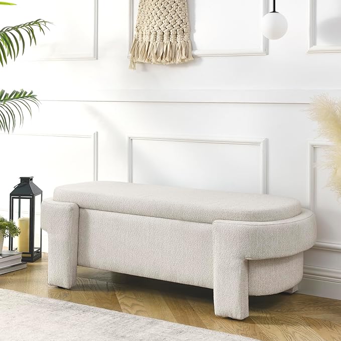 Oval Storage Bench,Upholstered Ottoman with Hinges,Easy to Install,for Living Room,Entryway,Bedroom,Beige