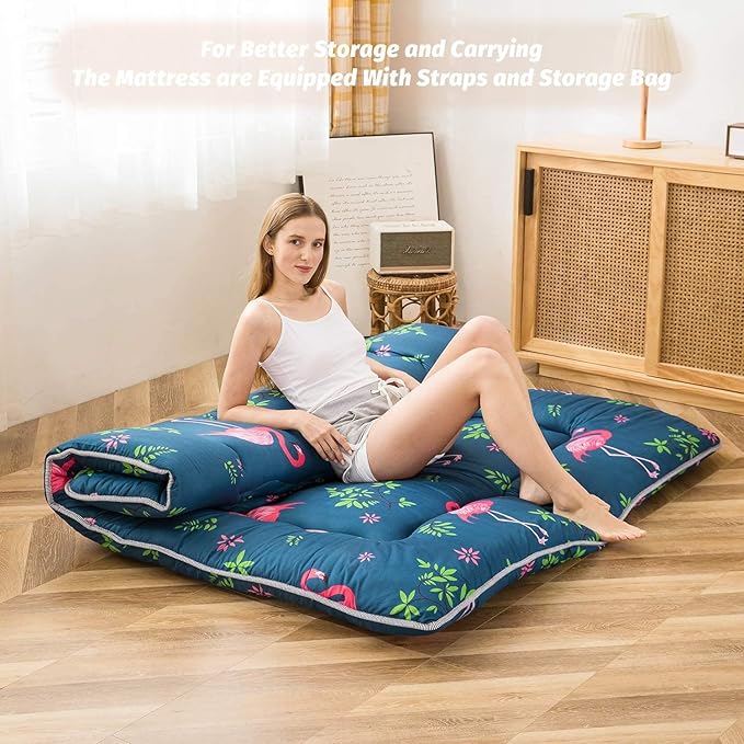 MAXYOYO Japanese Floor Mattress Futon Mattress, 4" Thicken Tatami Mat Sleeping Pad Foldable Roll Up Mat Boys Girls Dormitory Pad Kids Floor Lounger Pillow Bed, Charcoal Grey, Queen Size