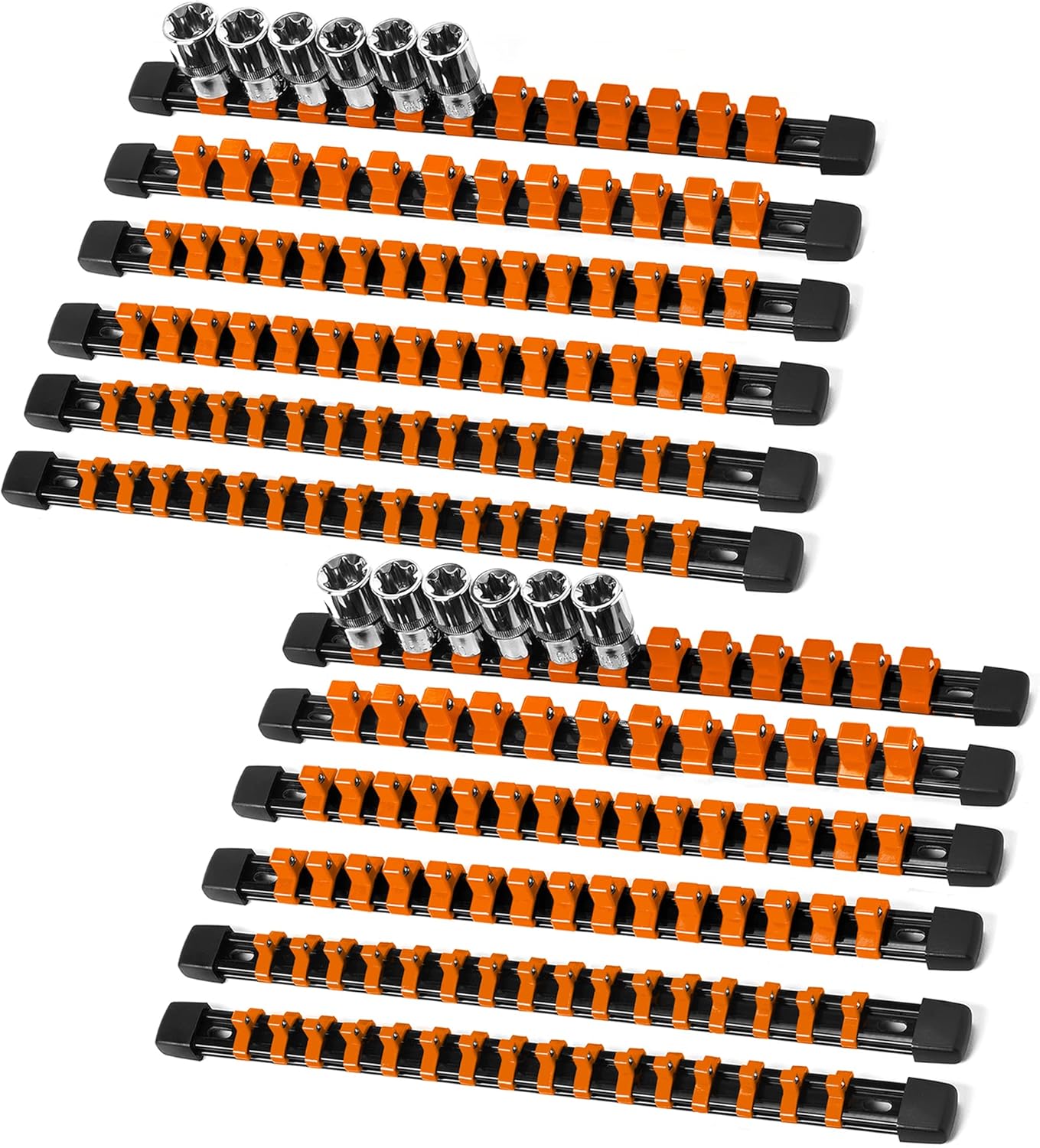 Socket Organizer Drive ABS Tools - Orange Socket Holder, Premium Quality 12 Pieces Socket Holders Kit 1/4-Inch x 64 Clips, 3/8-Inch x 60 Clips, 1/2-Inch x 48 Clips（12PC,Orange)