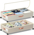 Under Bed Storage with Wheels, 2 Pack Under Bed Storage Containers with Dividers & Clear Lids, Under the bed storage Organizer Bins,Underbed Storage with Wheels for Clothes,Toys,Shoes (White, 2 Pack)