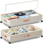 Under Bed Storage with Wheels, 2 Pack Under Bed Storage Containers with Dividers & Clear Lids, Under the bed storage Organizer Bins,Underbed Storage with Wheels for Clothes,Toys,Shoes (White, 2 Pack)