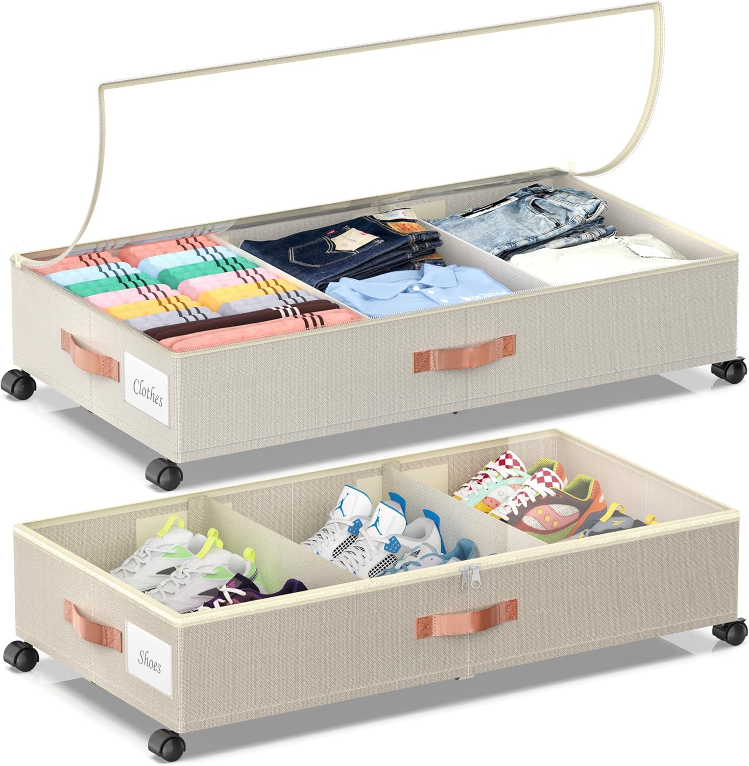 Under Bed Storage with Wheels, 2 Pack Under Bed Storage Containers with Dividers & Clear Lids, Under the bed storage Organizer Bins,Underbed Storage with Wheels for Clothes,Toys,Shoes (White, 2 Pack)