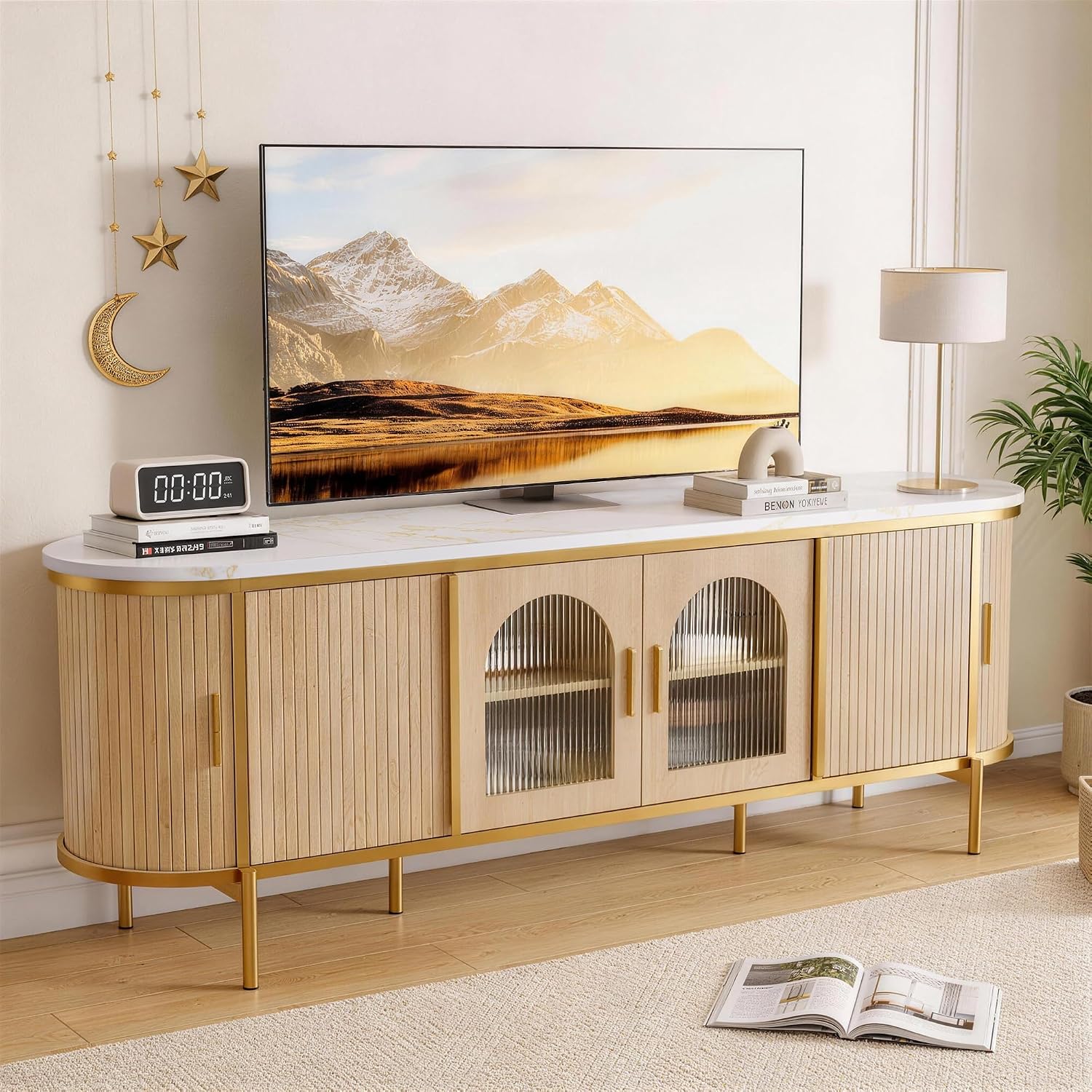 MXV 70" Fluted TV Stand for TVs up to 80", Mid Century Modern Entertainment Center with Sliding Doors & Glass Door, TV Console Table with Faux Marble Top for Living Room, Oak