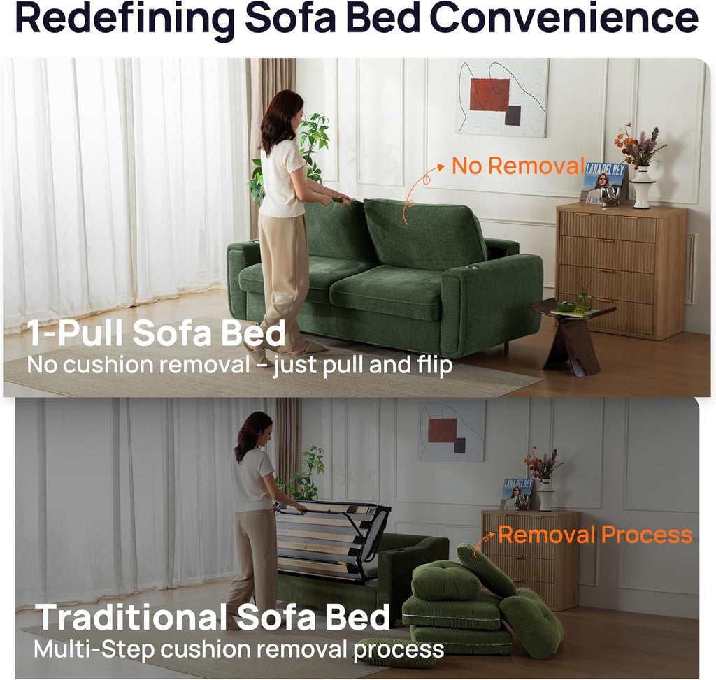 Pull Out Sofa Bed, No Cushion Removal, Queen Sleeper Sofa with USB Fast Charging, Memory Form Mattress, 2-in-1 Convertible Comfy Loveseat Couch Bed for RV, Apartment, and Small Spaces (Green)