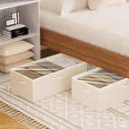 2 Pack Under Bed Storage Containers, 10 Inch Tall Underbed Clothes Storage Organizer Bin with Clear Window，Foldable Box Basket for Clothes, Closet, Bed Sheets and Blankets Beige