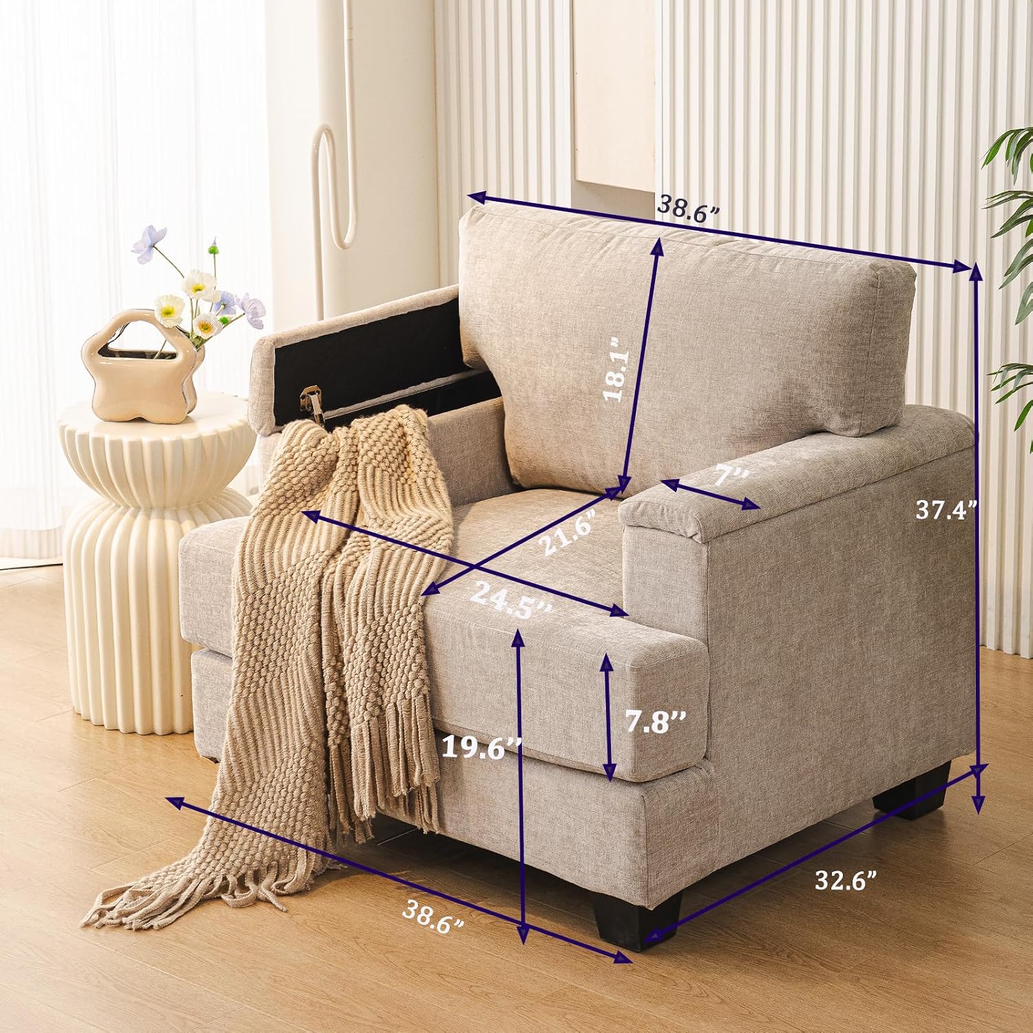 Oversized Accent Chair with Armrest Organizer,Comfy Living Room Chairs with Thick Cushion,Upholstered Linen Fabric Armchair,Big Reading Chair,Sofa Chair for Bedroom,Khaki