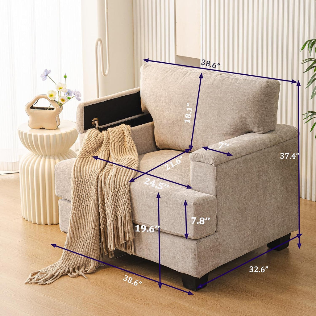 Oversized Accent Chair with Armrest Organizer,Comfy Living Room Chairs with Thick Cushion,Upholstered Linen Fabric Armchair,Big Reading Chair,Sofa Chair for Bedroom,Khaki