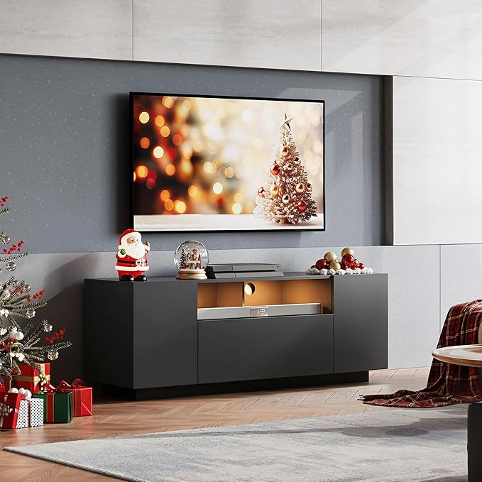 WLIVE TV Stand with LED Lights & Large Storage Cabinet, Modern Entertainment Center for 32/43/50/55 Inchs TVs, Sturdy Media Console for Living Room, Bedroom,Gaming(Black)