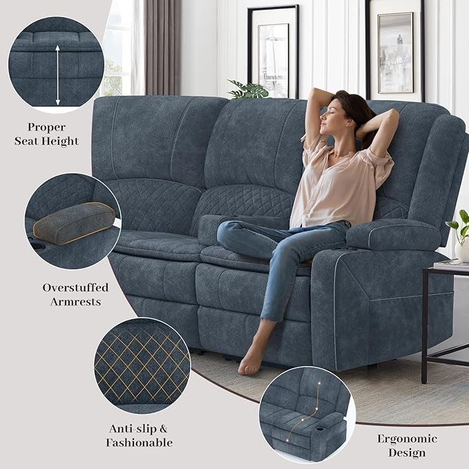 Manual Reclining Sectional Sofa Set, 4 Seats Soft Fabric Recliner Corner Sectional Couch, Family-Sized L-Shaped Recliner Couch with USB Charging, Thickened Padding, Sturdy Frame, Blue