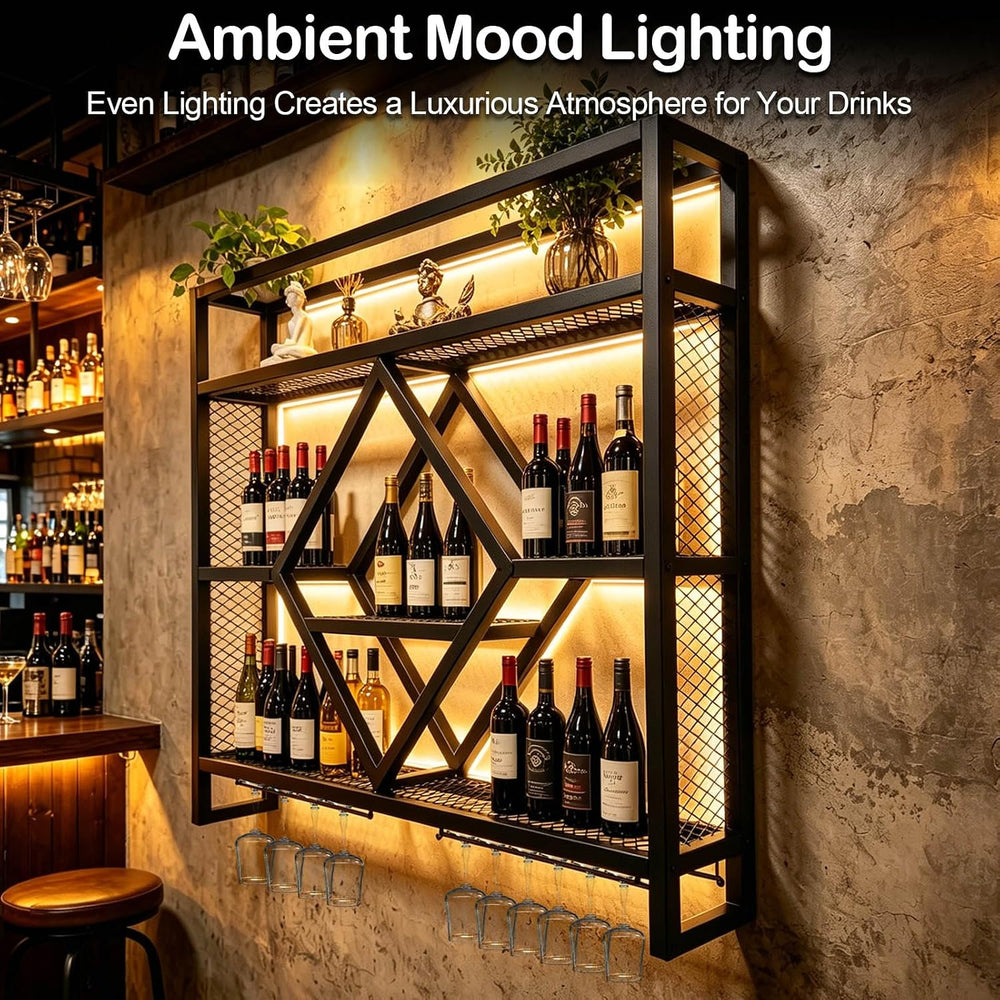 Wall Mounted Wine Rack with LED Light, 39.4in Industrial Metal Wine Bottle Di...