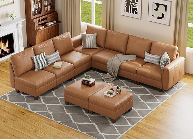 SITJOY 118" Faux Leather Modular Sectional Sofa with Storage, Mid Century Modern Sectional Couches for Living Room, Soft Padded Armrests, 9 Seat L Shaped Couch with Ottoman, Brown