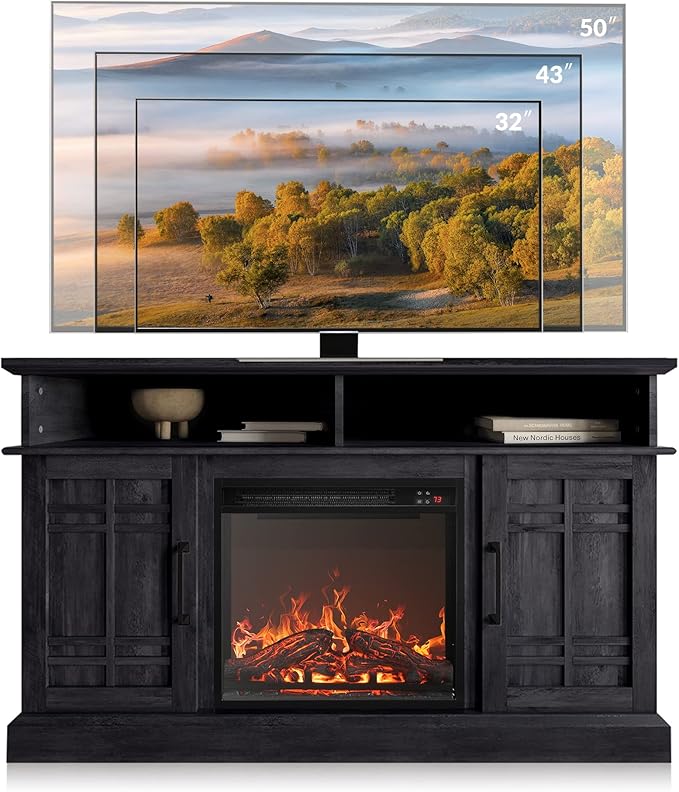 BELLEZE 48" TV Stand with 18" Electric Fireplace Heater, Modern TV Stand for TVs up to 50", Entertainment Media Stand with Open Shelves and Storage Cabinets for Living Room, Bedroom (Rustic Grey)