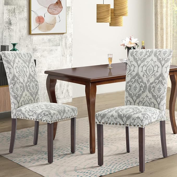 COLAMY Upholstered High Back Dining Chairs Set of 6 with Solid Rubber Wood Legs, Fabric Dining Room Chairs with Comfortable Padded Seat for Dining Room, Classic Gray Damask Pattern, Cloudy Gray Damask