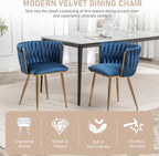 Kiztir Velvet Dining Chairs Set of 2, Upholstered Dining Room Chairs with Gold Metal Legs, Luxury Tufted Dining Chairs for Living Room, Bedroom, Kitchen (Blue)