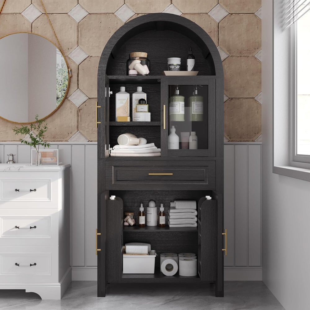71 Inch Tall Arched Pantry Cabinet with Glass Door, Farmhouse Kitchen Pantry ...