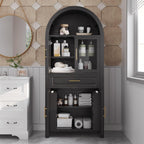 71 Inch Tall Arched Pantry Cabinet with Glass Door, Farmhouse Kitchen Pantry with Adjustable Shelves & Barn Door for Living Room Dining Room (Black)
