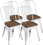 Yaheetech Metal Dining Chairs Set of 4, Industrial Stackable Kitchen Chairs with Wood Top Seat for Dining Room/Restaurant/Bistro/Patio, Indoor & Outdoor Use, White