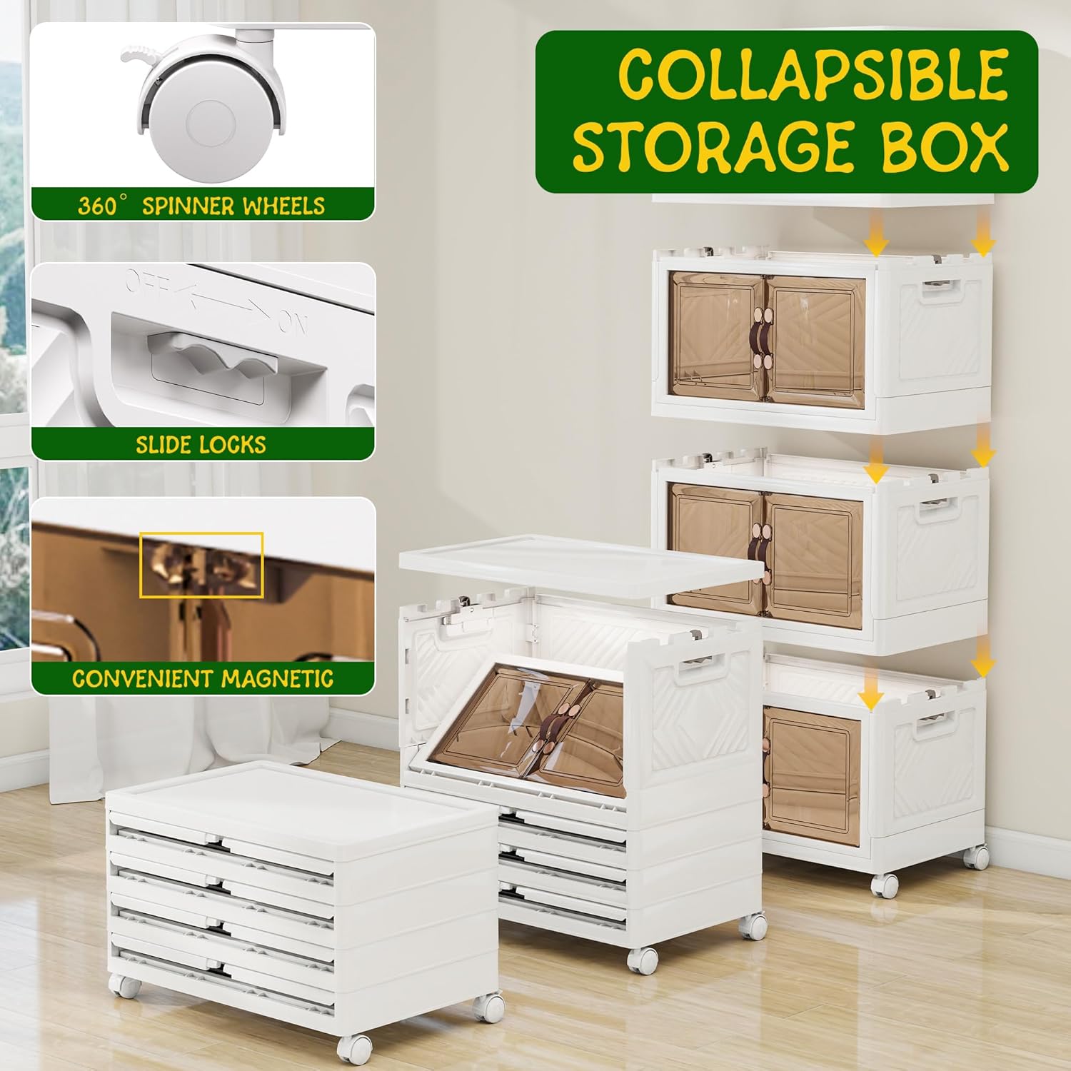 Storage Bins with Lids and Wheels, Collapsible Bathroom Storage Cabinet with Clear Doors, Plastic Stackable Closet Organizers and Storage Containers White 628 QT