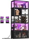 82.6" Tall Bar Cabinet with Power Outlets, 6-Tiers Reversible Wine Cabinet with LED Lights, Glass Holder & Wine Rack, Liquor Storage Cabinet Coffee Bar Unit Station for Dining Living Room, Black