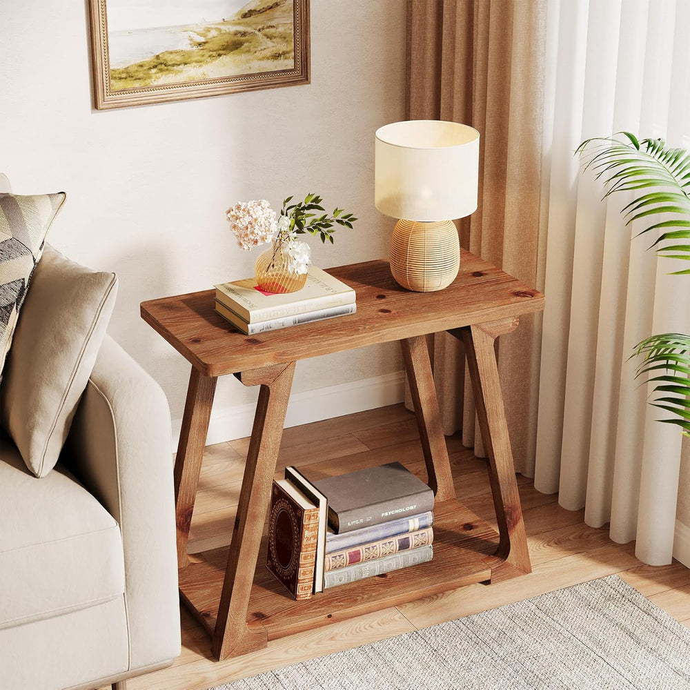 Solid Wood End Table for Living Room, 2-Tier Narrow Rustic Side Table, Rectan...