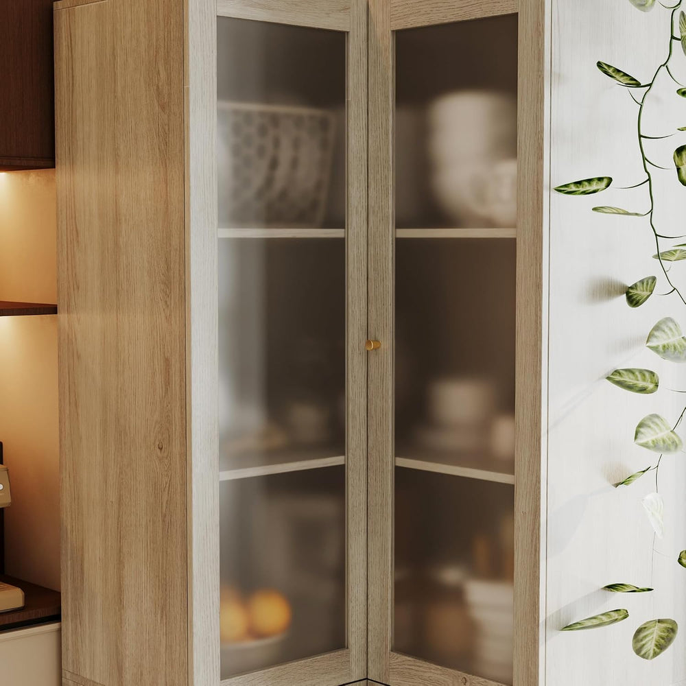 70.9" H L-Shaped Kitchen Pantry with Glass Doors, Modern Corner 4-Tiered...