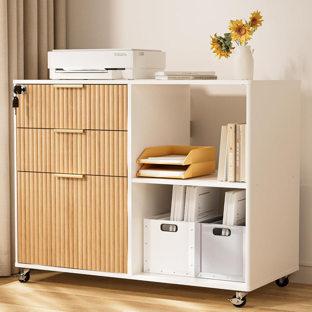 INNOD 3 Drawer Fluted Mobile Filing Cabinet with Lock, Lateral Rolling Under ...