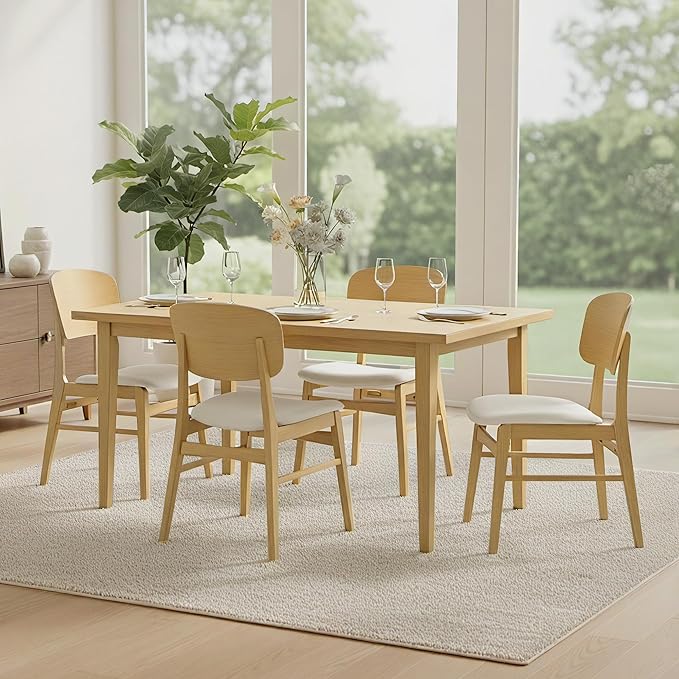 Wooden Dining Chairs Set of 6, Upholstered Modern Dining Room Chairs, Mid Century Oak Kitchen Chairs with Ergonomic Wood Backrest for Farmhouse, Restaurant, Café (Cream Fabric & Original Color)
