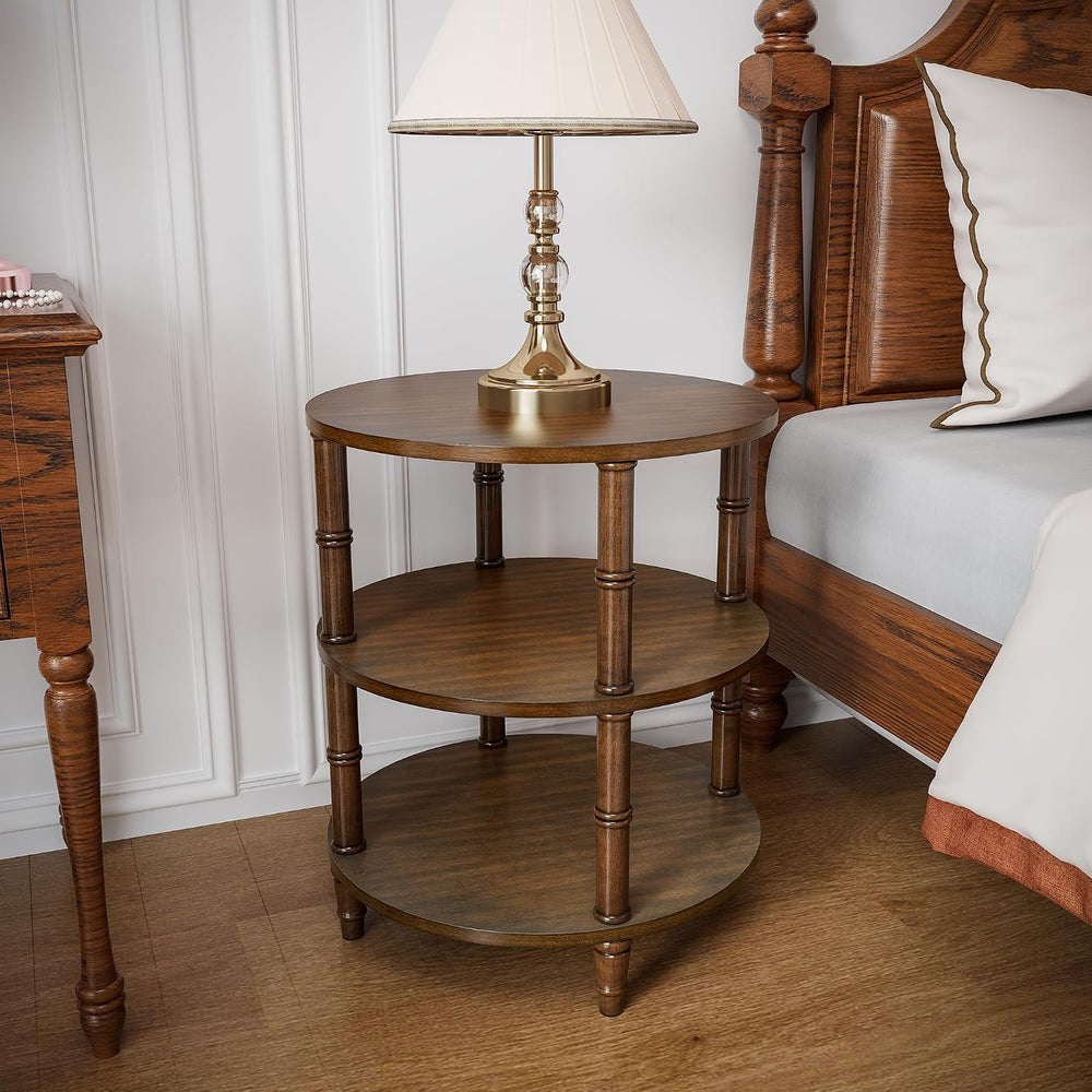 PADMA HOUSE Round Wood Small End Table with 3 Shelves, Wood Sofa Side Table w...