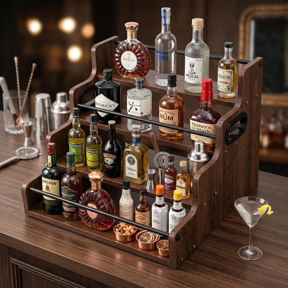 VECELO 4-Tier Liquor Display Shelf, Countertop Wooden Wine Bottle Rack, Rusti...