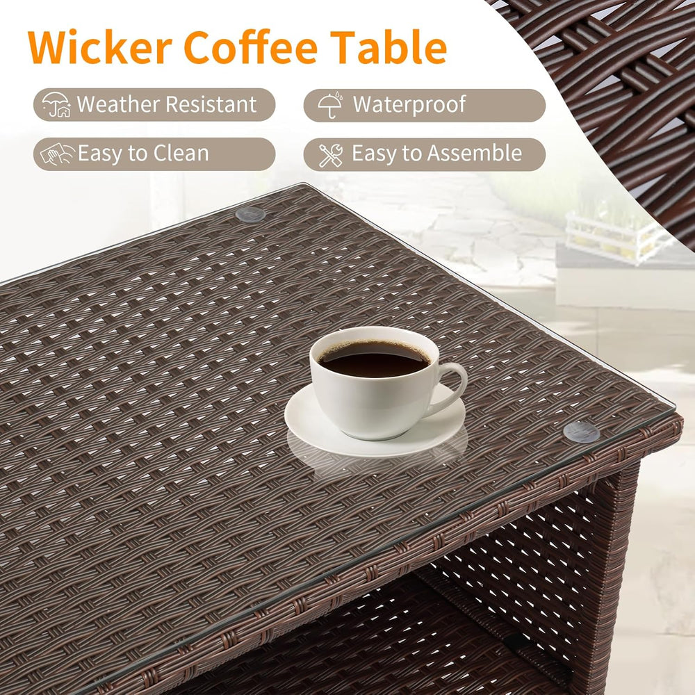 VINGLI Outdoor Wicker CoffeeTable Patio Coffee Tables for Outside, Tempered G...