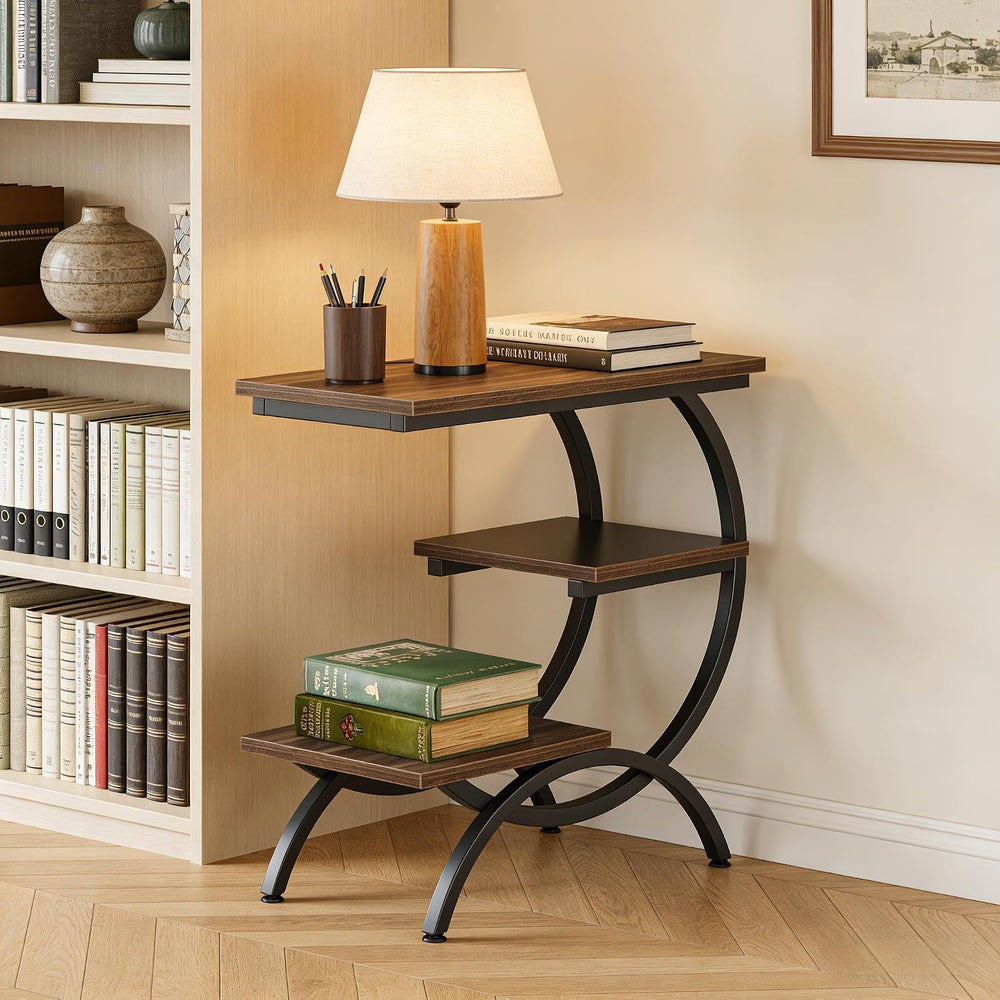 C-Shaped End Table, Narrow End Table with 3 Storage Shelves, 3-Tier Small Sid...