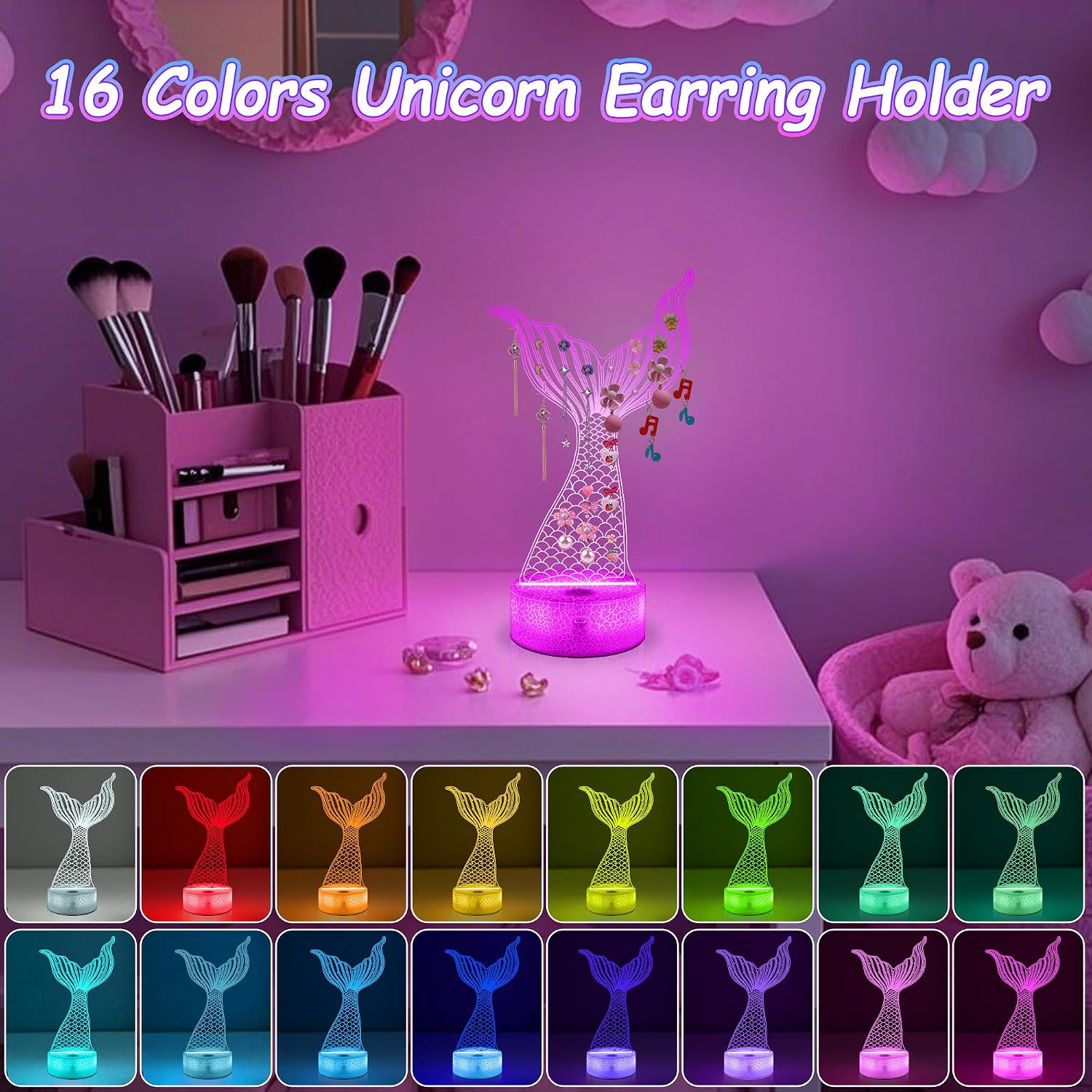 CoolGift Mart 3D Glowing Acrylic Mermaid Earring Organizer - 16-Color LED Display with 33 Earring Holes & Smart Mood Lighting with Timer