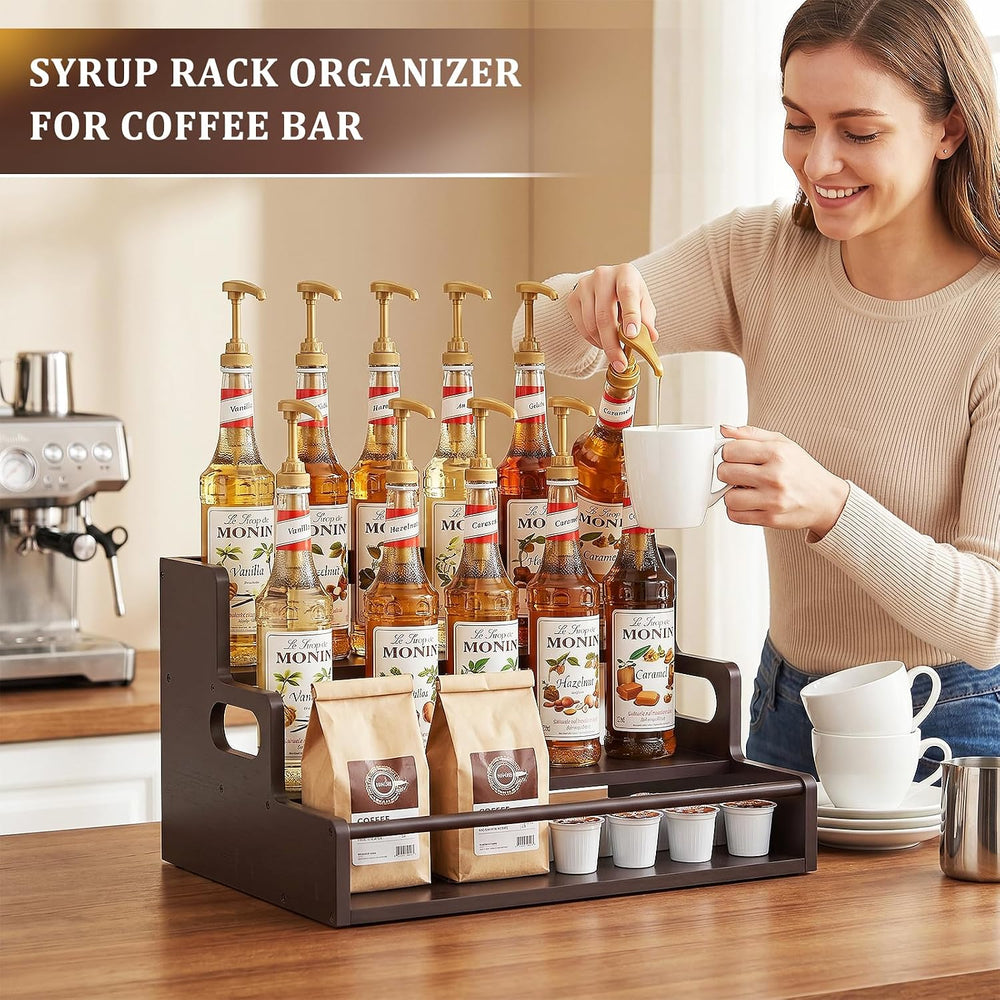 Bamboo Liquor Bottle Display Shelf, 3 Tier Coffee Syrup Rack Organizer, Count...