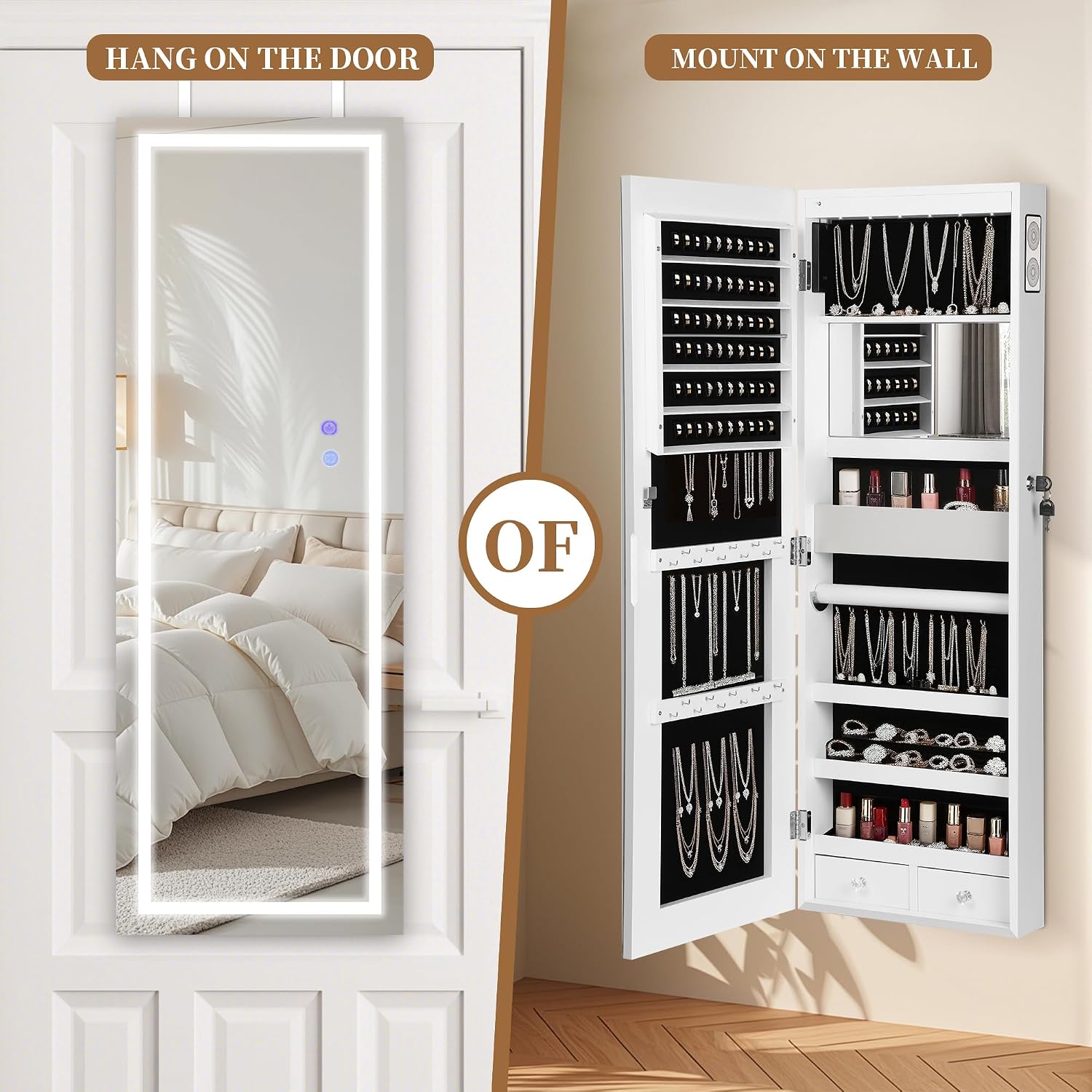 LED Mirror Jewelry Cabinet with Bluetooth Speaker ，Door/Wall Mounted,Equipped with Three Color Light Strips,Full-Length Illuminated Mirror,Jewelry Storage Function