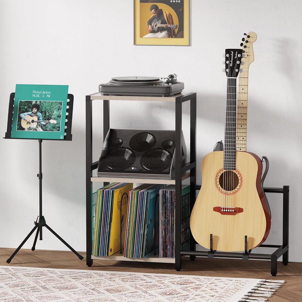 YAKANJ End Table with Guitar Stand,Record Player Stand,Vinyl Records Storage,...