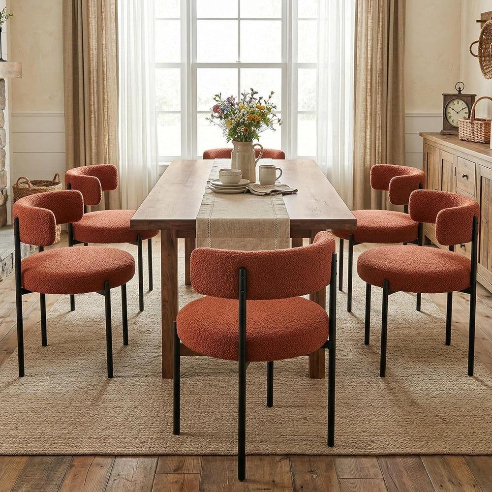 Mid-Century Modern Dining Chairs Set of 4, Boucle, Rust
